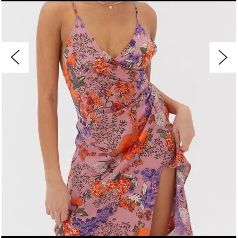 Urban Outfitters Lily Satin Wrap Midi Floral Slit Dress Women XS Pink